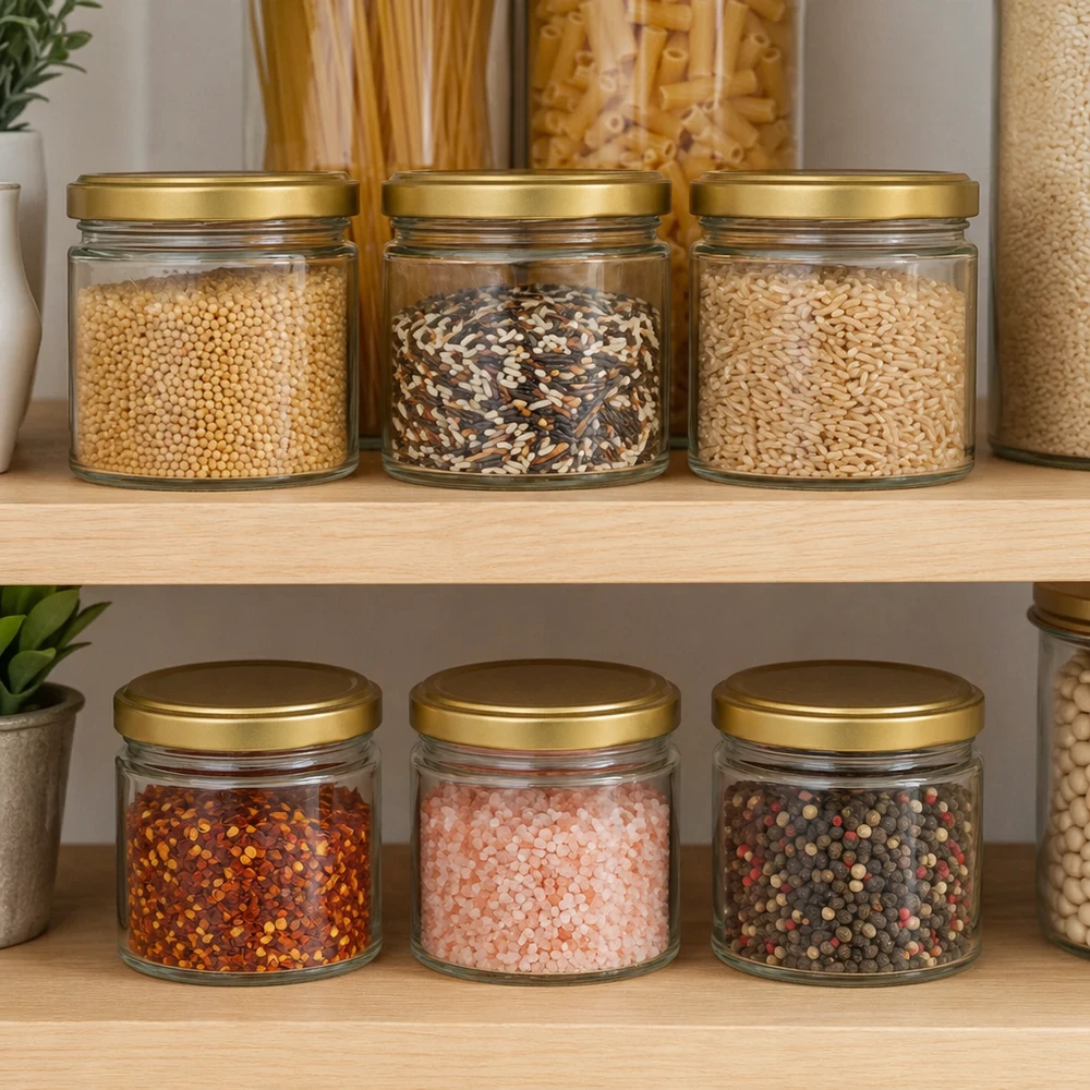 700g Honigglas mit goldenem Deckel BasicSeal UNiTWIST 700g Honigglas BasicSeal mit goldenem Deckel in Küchenregal zur Aufbewahrung von Gewürzen und Lebensmitteln