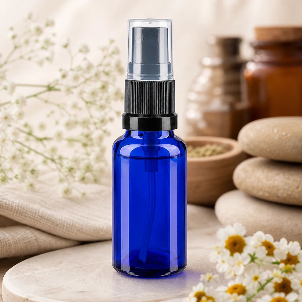 Apothekenflasche blau 20ml Sprayaufsatz schwarz 20ml blaues Apothekerglas mit Sprühaufsatz für Gesichtswasser Toner und natürliche Pflegeprodukte