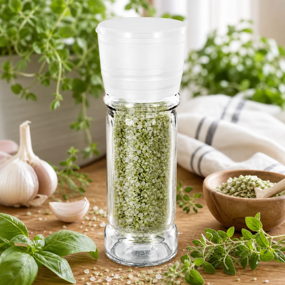 Salz-/Gewürzglas 100ml mit Mühle Vario weiss Kompakte 100ml Salzmühle mit Kräutersalz neben frischem Basilikum und Oregano auf Holzoberfläche