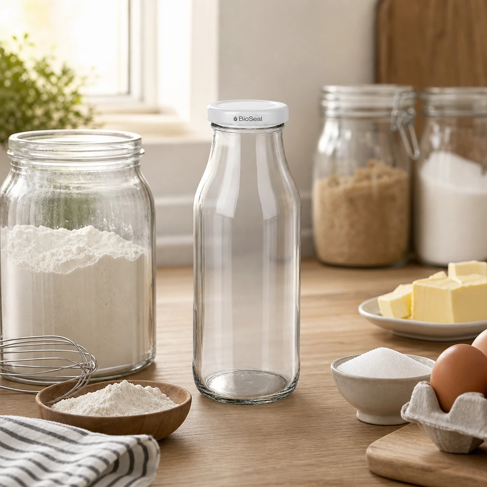 263ml Flasche mit BioSeal Deckel weiß UNiTWIST UNiTWIST Bottle263 Glasflasche leer mit weißem BioSeal Deckel auf Holztisch zwischen Backzutaten und Küchengeschirr