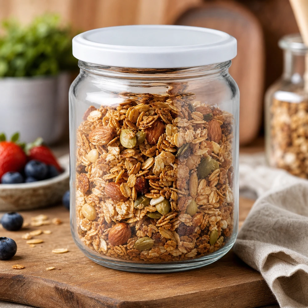 212ml Rundglas mit BasicSeal Deckel weiß TO63 UNiTWIST 212ml UNiTWIST Rundglas mit BasicSeal Deckel gefüllt mit Müsli Nüssen Samen Granola Vorratsglas Küchenzubehör