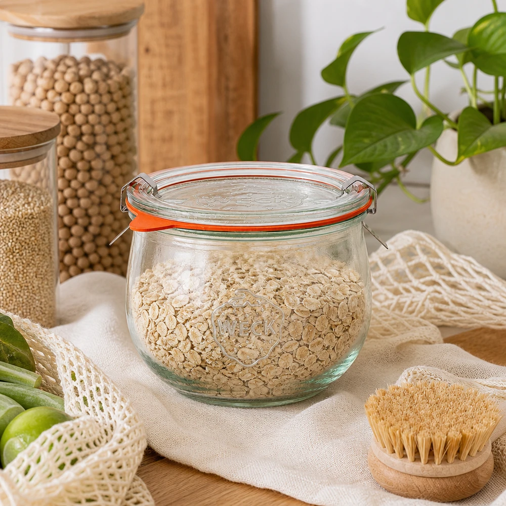 580ml Tulpenglas komplett WECK RR100 WECK Tulpenglas 580ml RR100 zur Aufbewahrung von Haferflocken in nachhaltiger Küche mit Naturmaterialien