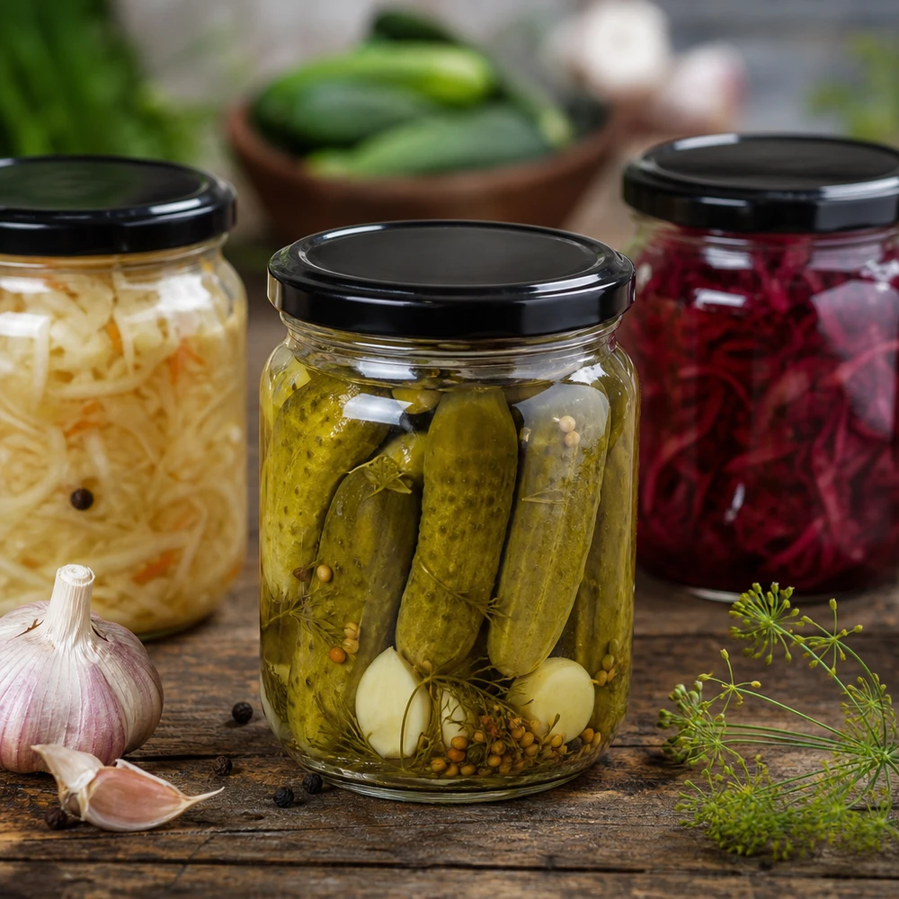212ml Rundglas + BasicSeal Deckel schwarz TO63 UNiTWIST 212ml Rundglas mit schwarzem BasicSeal Deckel für eingelegte Gurken Pickles in rustikaler Küche mit Knoblauch Dill