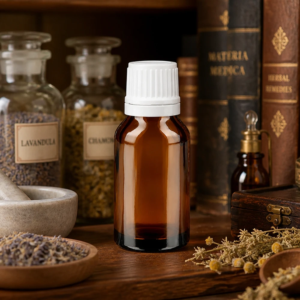 Apothekenflasche braun 15ml Tropfverschluss 1.2mm weiß Originalitätsverschluss Apothekenflasche Braunglas 15ml mit weißem Tropfverschluss in historischer Kräuterapotheke