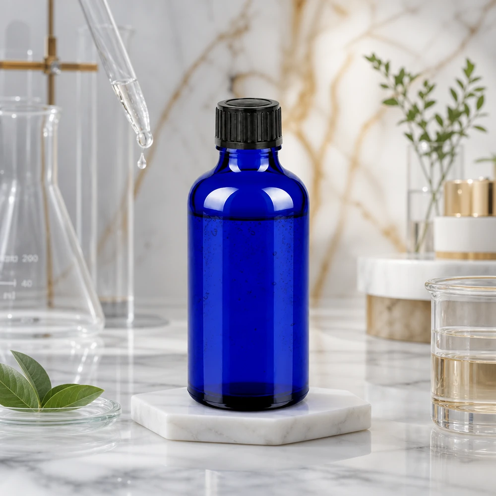 Vielseitige 50ml blaue Glasflasche mit schwarzem Originalitätsverschluss für DIY-Kosmetik und Tinkturen