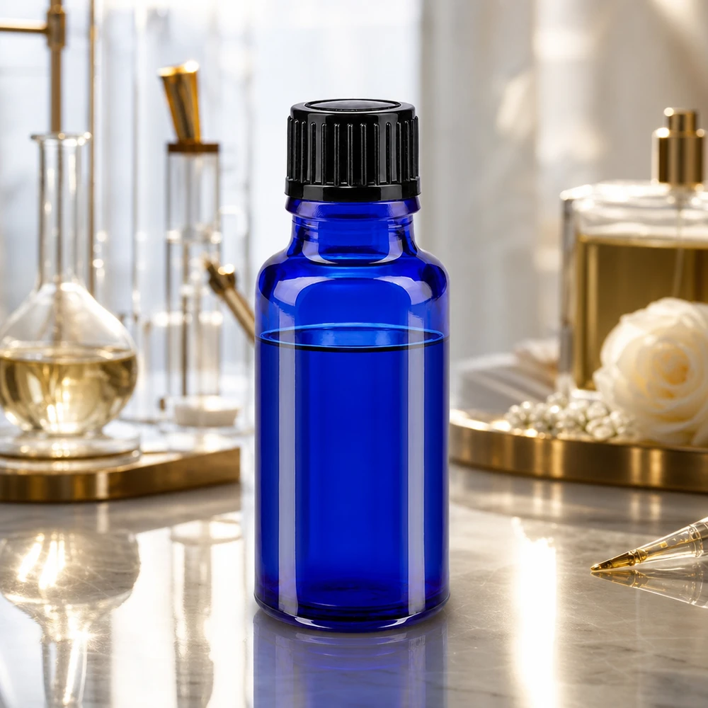 Apothekenflasche blau 20ml Schraubverschluss schwarz Standard Runde blaue 20ml Apothekerflasche Glas schwarzer Schraubdeckel 11mm auf Marmoroberfläche