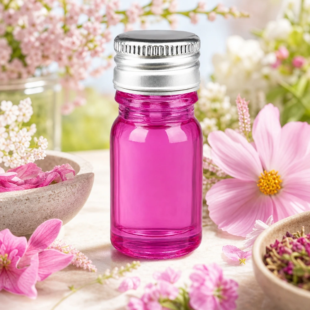Handliche 5ml Flasche violett aus Glas mit Metallverschluss ideal für DIY-Kosmetik und Mischungen