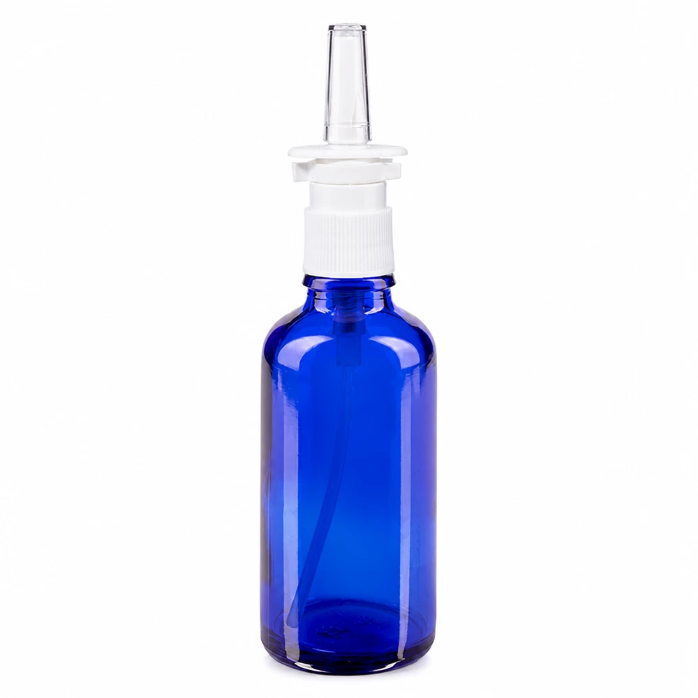 Apothekenflasche blau 50ml Nasenzerstäuber weiß Standard Zylindrische blaue 50ml ApoGlas-Flasche mit weißem Schraubring und transparentem Nasenapplikator