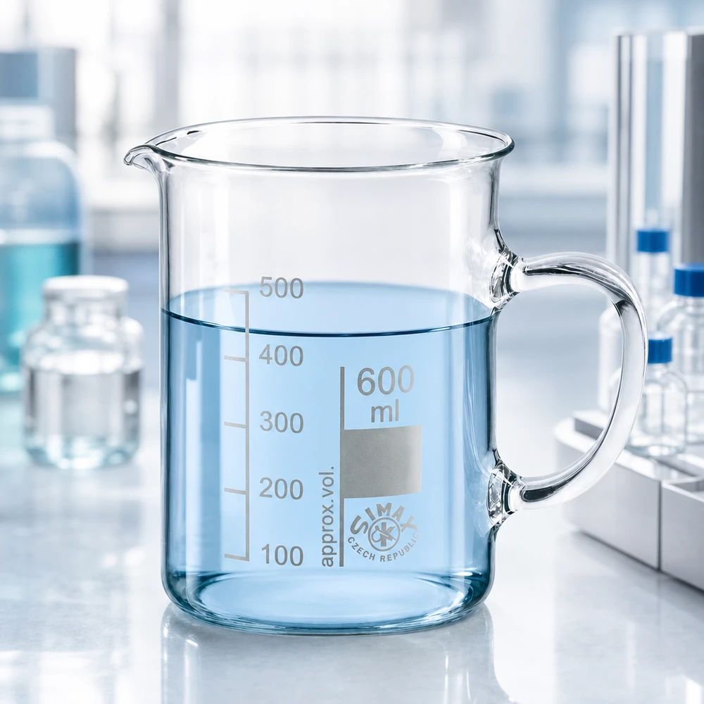 Becherglas 600ml Borosilikatglas, mit Henkel Becherglas 600ml Borosilikatglas mit Henkel für Laboranwendungen Chemie und Forschung
