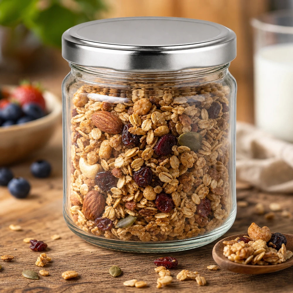 212ml Rundglas gefüllt mit Müsli und Nüssen zeigt praktische Aufbewahrung von Lebensmitteln im Vorratsschrank