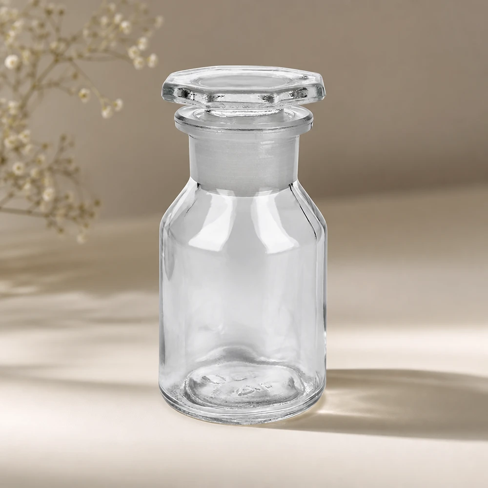 Steilbrustflasche 50ml klar Weithals Glasstopfen Steilbrustflasche 50ml Weithals klar mit Glasstopfen robuste Apothekerflasche im Vintage-Stil