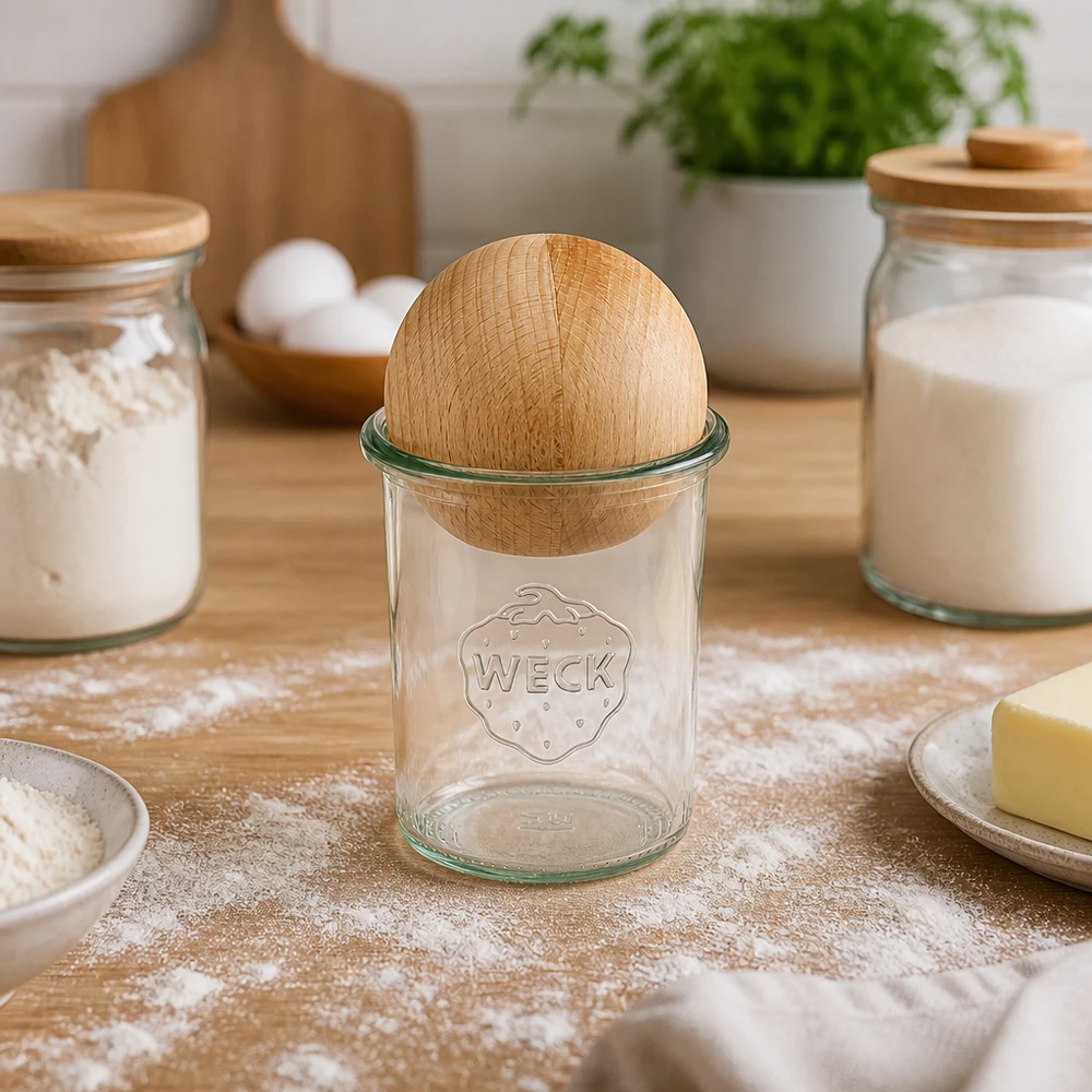 160ml Sturzglas WECK RR60 mit Holzkugel Buche WECK Sturzglas RR60 160ml mit Buchenkugel-Verschluss in Backküche zwischen Mehlgläsern und Backzutaten arrangiert