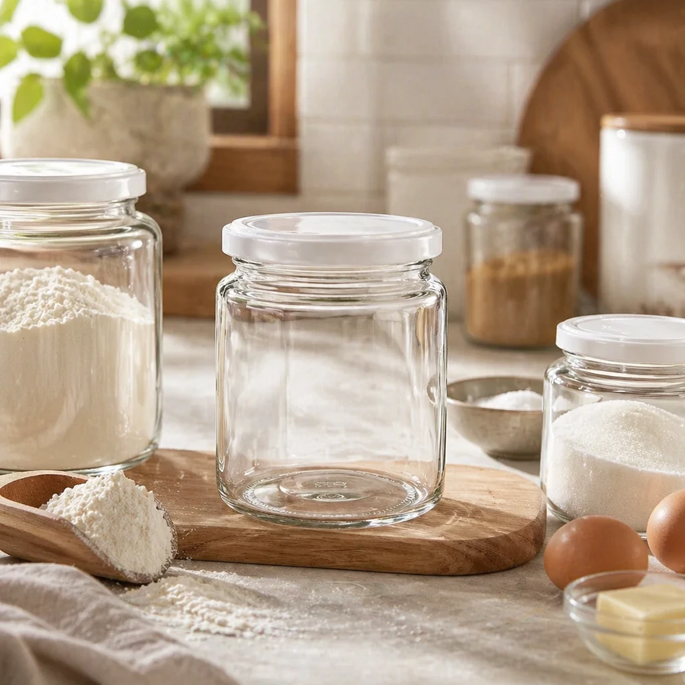 Leeres 250ml Honigglas mit weißem BasicSeal Deckel auf Holzbrett in rustikaler Küche zwischen Vorratsgläsern