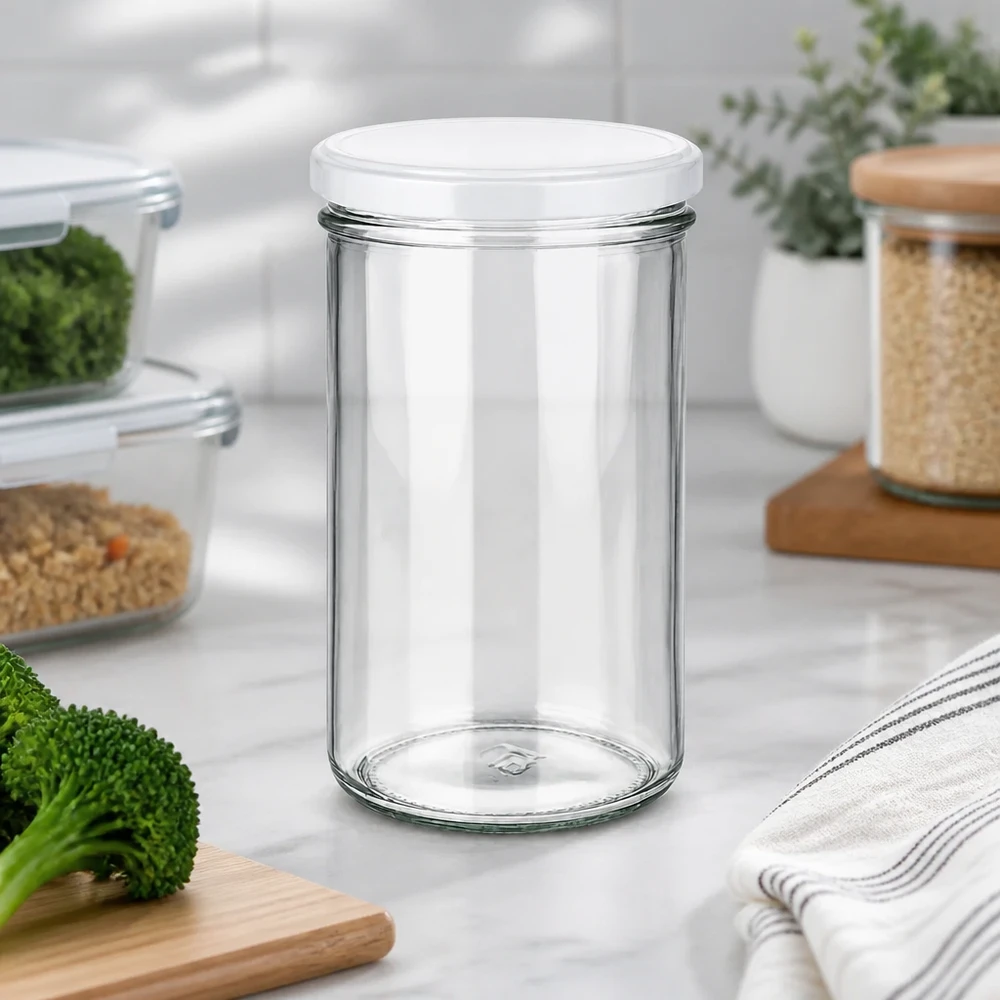 277ml Sturzglas mit BasicSeal Deckel weiß UNiTWIST 277ml Einmachglas in moderner Küchenumgebung mit Gemüse und Vorratsgläsern - vielseitig für Meal Prep und Aufbewahrung
