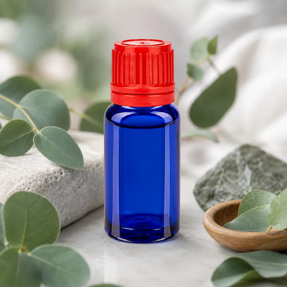 10ml Flasche 11mm Schraubverschluss rot Originalitätsverschluss BlueLine UT18/10 10ml Flasche aus UV-schützendem blauen Glas mit rotem Verschluss ideal für lichtempfindliche Stoffe