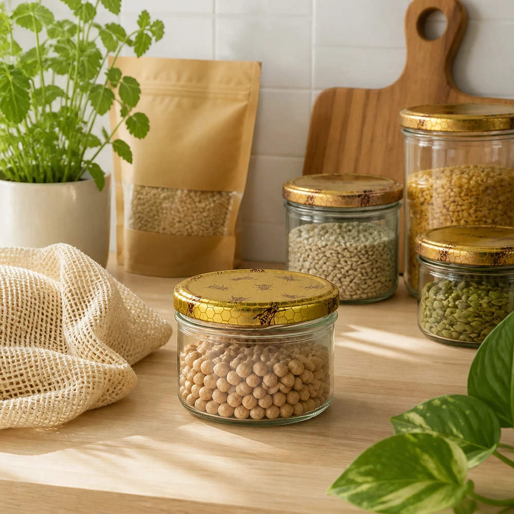 225ml Sturzglas + BasicSeal Deckel Bienenwabe UNiTWIST 225ml Sturzglas Set Bienenwaben-Deckel gefüllt mit Hülsenfrüchten Getreide Vorratsdosen Küche Zero Waste Aufbewahrung