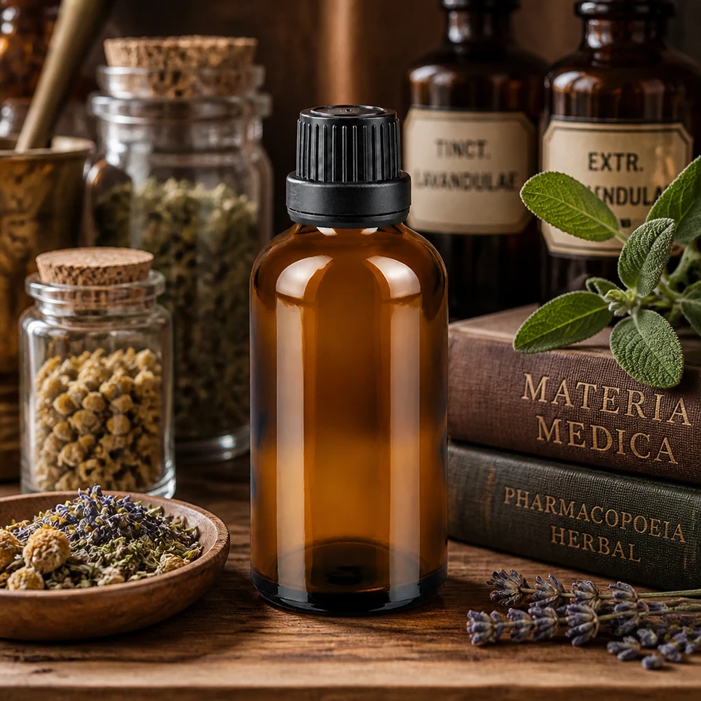 Braune Tropfflasche 50ml umgeben von Tinkturen Kräutergläsern und botanischen Referenzbüchern