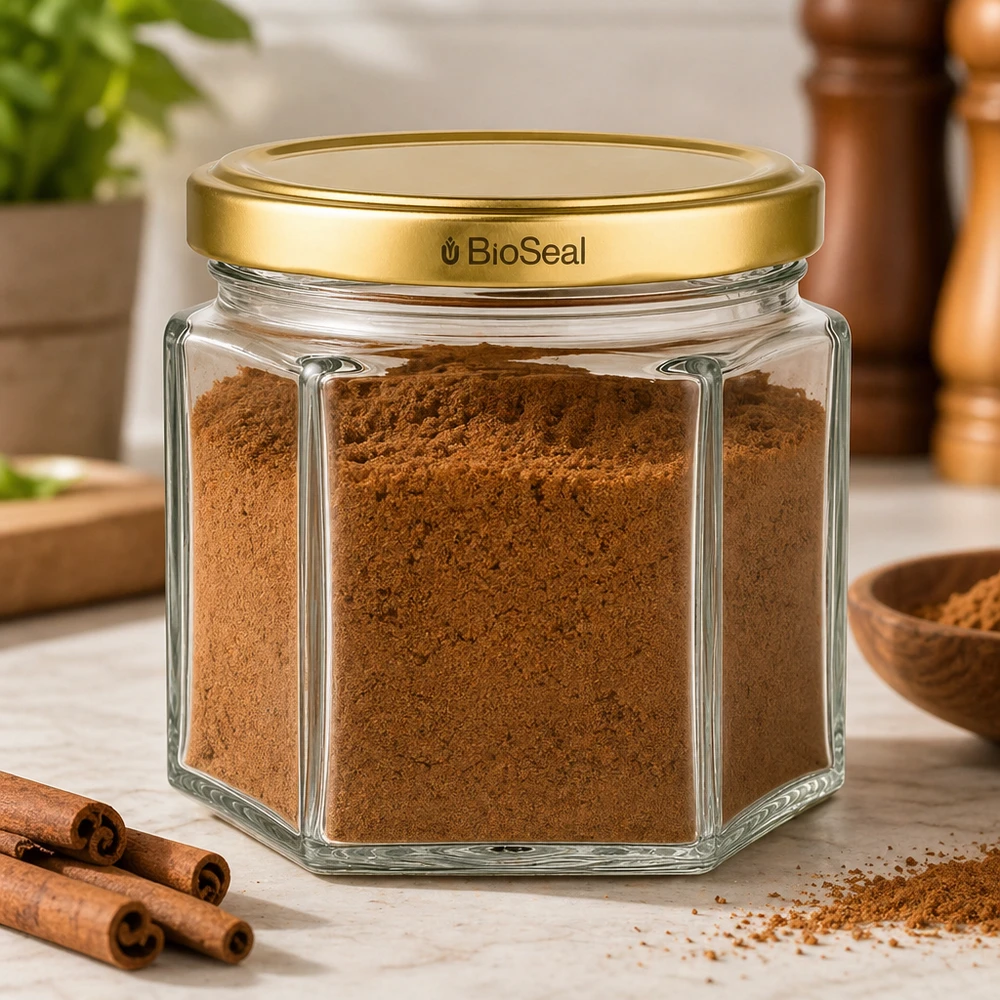 UNiTWIST Hexa47 Glasgefäß mit goldenem BioSeal Deckel gefüllt mit Zimt in rustikaler Küche