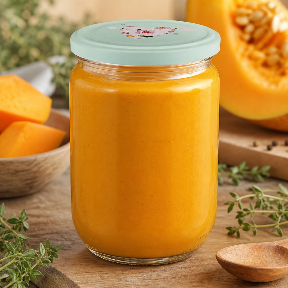 Einmachglas 555ml mit Kürbissuppe mintgrünem BasicSeal Herzdeckel Thymian und Holzlöffel