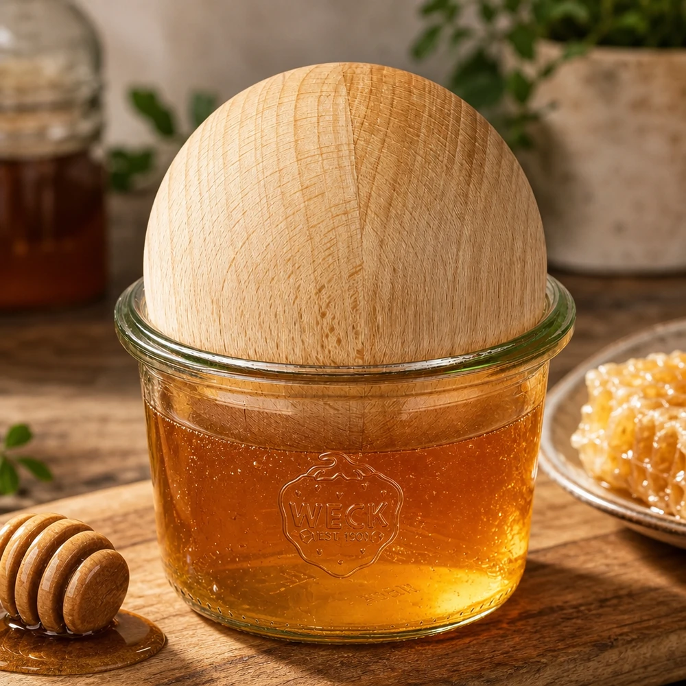 80ml Sturzglas WECK RR60 mit Holzkugel Buche 80ml WECK Sturzglas RR60 mit Honig gefüllt und Buchenholzkugel-Deckel neben Honiglöffel und Wabe