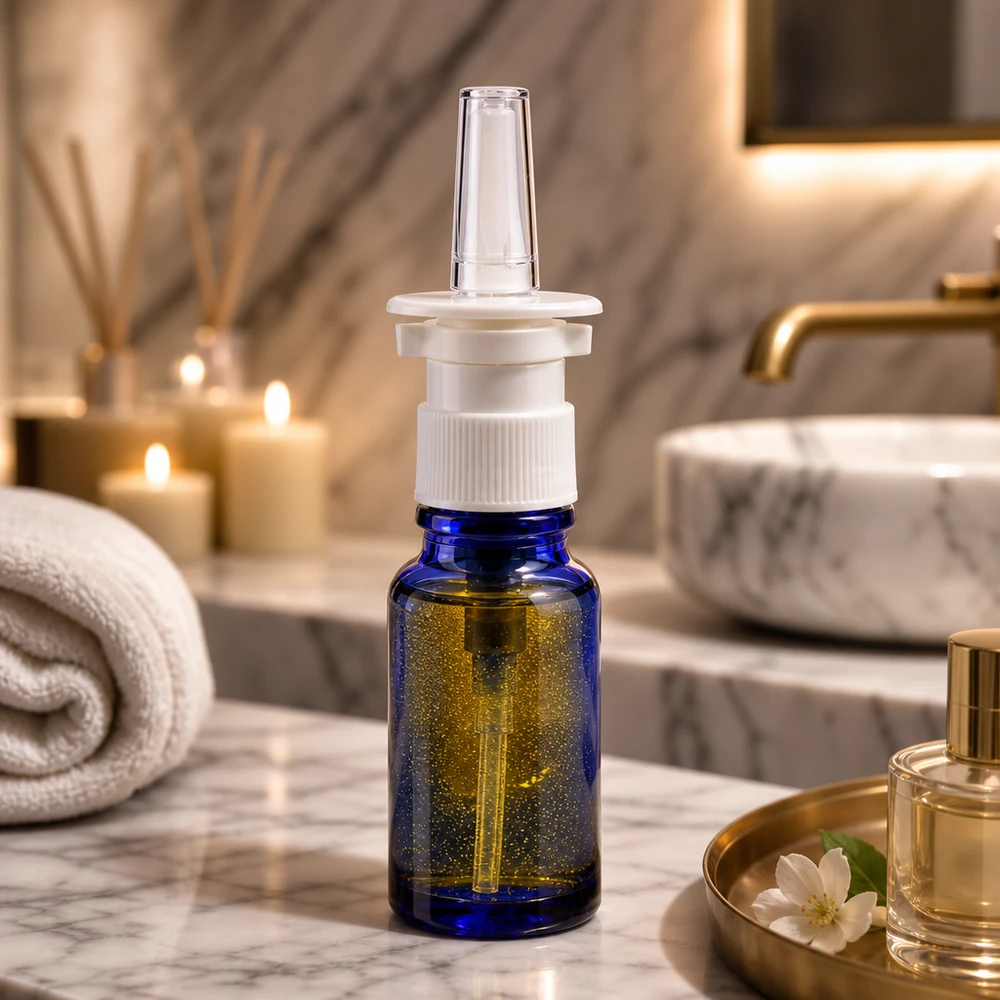 Apothekenflasche blau 10ml Nasenzerstäuber weiß Standard Blaue 10ml Pharmaflasche mit weißem Nasenspray-Mechanismus und klarer Applikatordüse