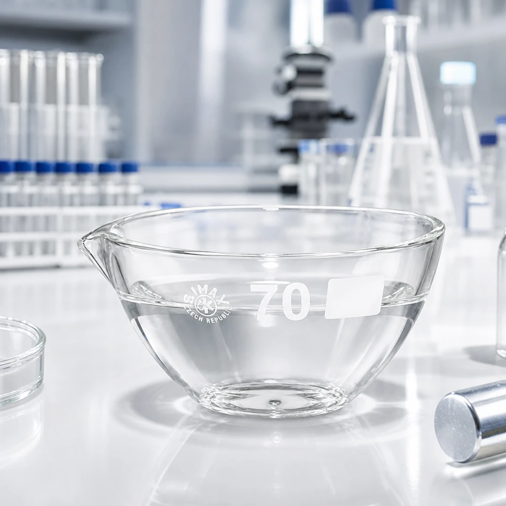 60ml Abdampfschale mit Ausguss Borosilikat ø70mm 60ml Abdampfschale mit Ausguss aus optisch klarem Borosilikatglas für genaue Beobachtungen im Labor