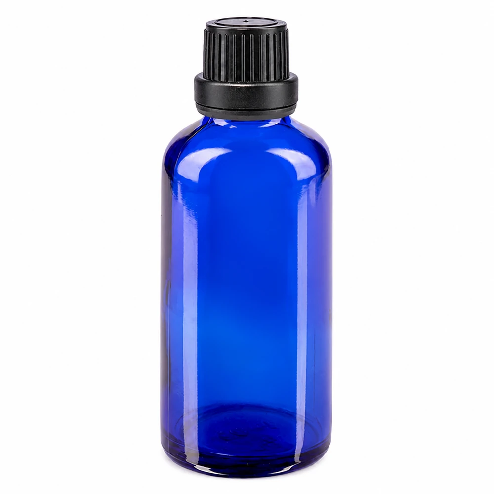 Apothekenflasche blau 50ml Schraubverschluss schwarz Dichteinlage Originalitätsverschluss Kleine blaue Apothekerflasche 50ml mit schwarzem Sicherheitsverschluss 11mm