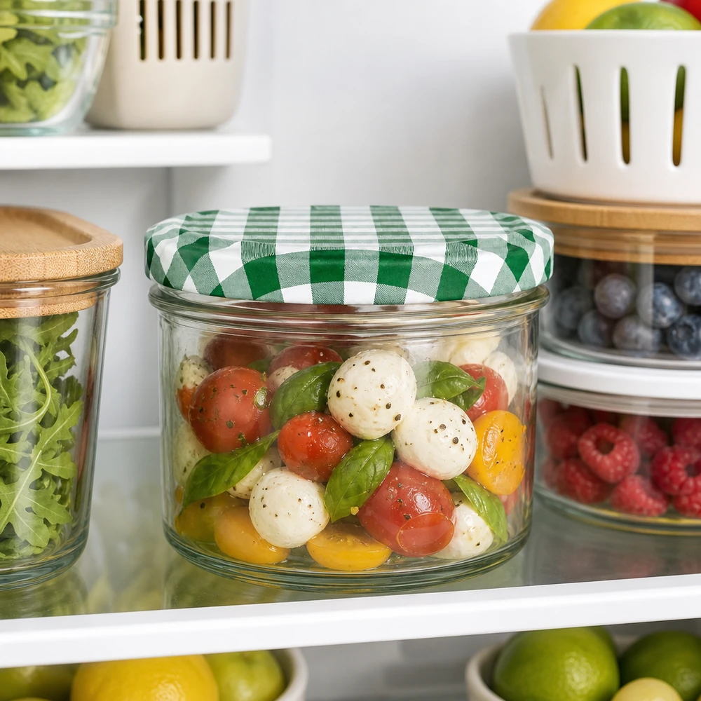 225ml Sturzglas + BasicSeal Deckel grün/weiß UNiTWIST 225ml Sturzglas mit grün-weißem Karodeckel gefüllt mit Caprese-Salat im Kühlschrank zwischen anderen Vorratsgläsern