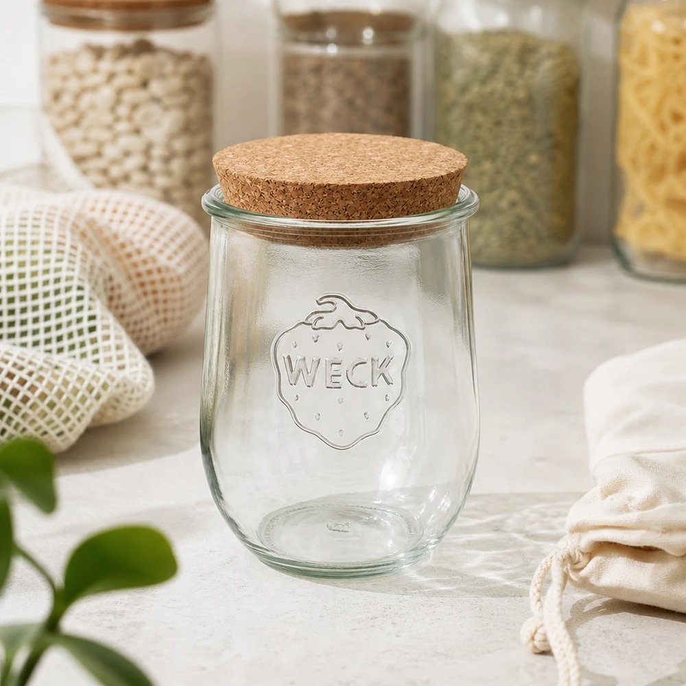 WECK Einmachglas RR100 1062ml mit Korkdeckel in nachhaltiger Zero-Waste Küche zwischen Vorratscontainern