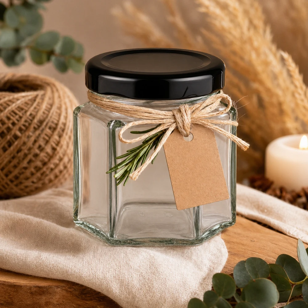 47ml Hexaglas mit schwarzem Deckel dekorativ mit Juteband und Kräuterzweig als Geschenkverpackung inszeniert