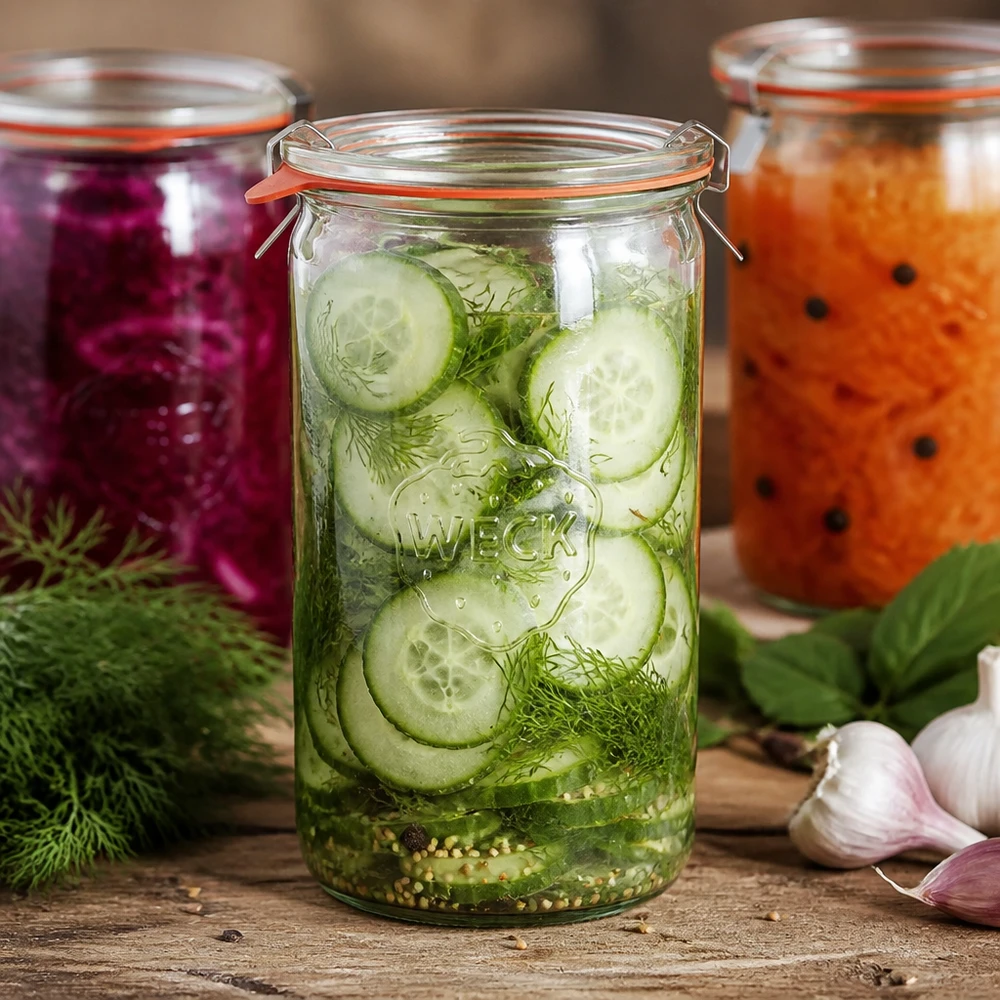 1590ml Zylinderglas komplett WECK RR100 WECK Zylinderglas 1590ml RR100 mit eingelegten Gurkenscheiben Dill Gewürzen fermentiertes Gemüse Konservierung
