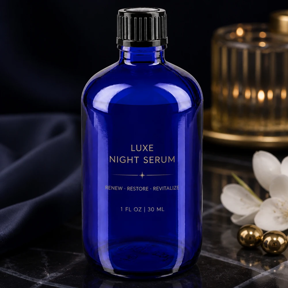 Apothekenflasche blau 100ml Schraubverschluss schwarz Standard Dunkelblaue Apothekerflasche 100ml geriffelte Verschlusskappe neben weißer Blüte und Kerze