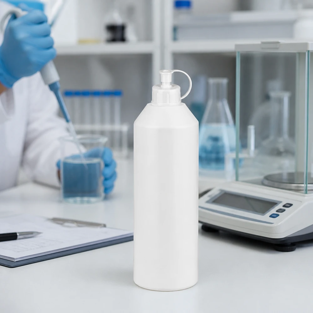 Apothekenflasche HDPE 250ml weiß mit Spritzverschluss Weiße 250ml Apothekenflasche mit Spritzaufsatz und Sicherheitsring auf professionellem Laborarbeitsplatz