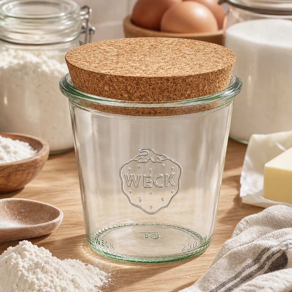 290ml Sturzglas hoch WECK RR80 mit Korken natur WECK Sturzglas 290ml RR80 mit Korkdeckel in Küche umgeben von Backzutaten Mehl Eiern und Milch auf Holzuntergrund