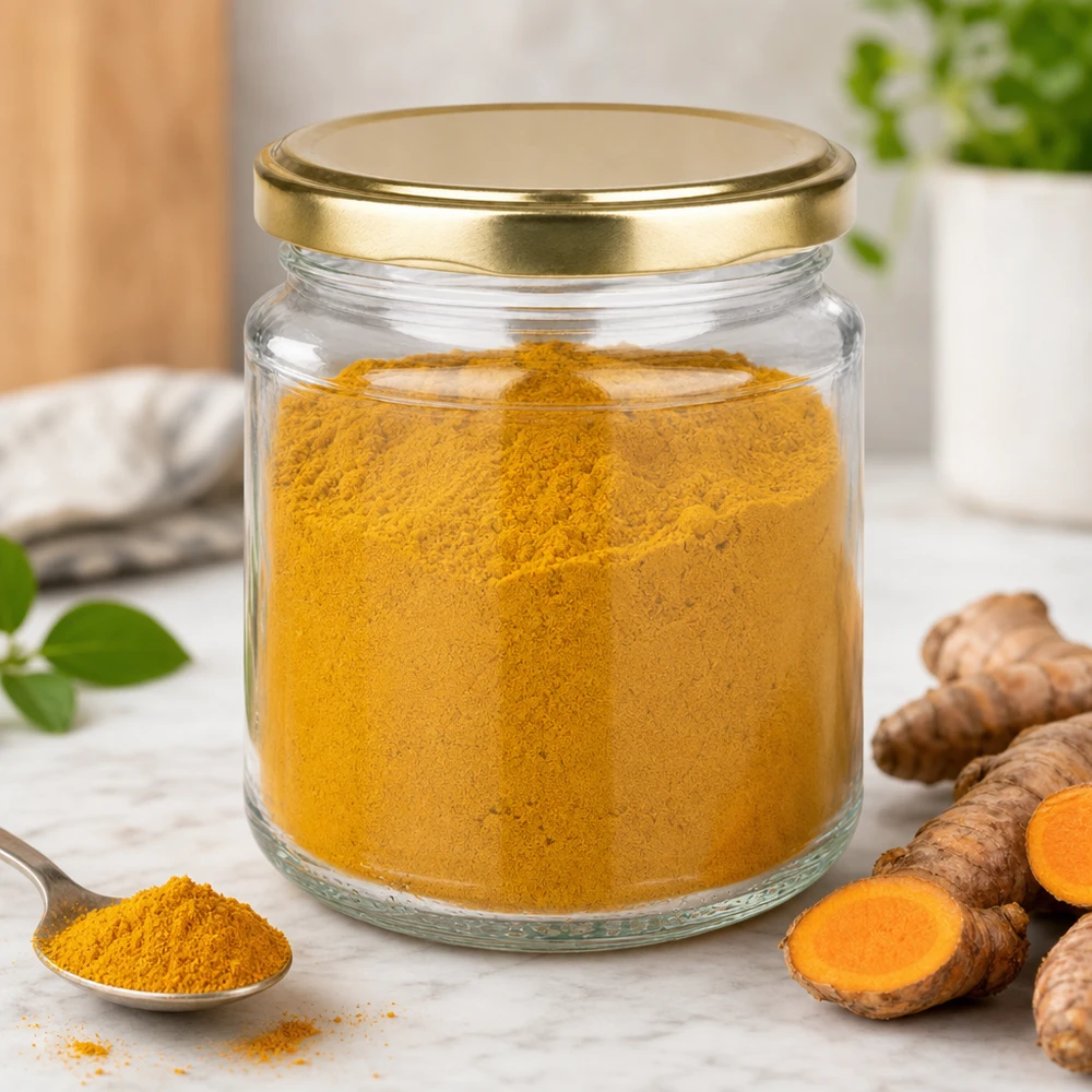 212ml Rundglas + BasicSeal Deckel gold TO63 UNiTWIST 212ml Rundglas UNiTWIST mit goldenem Deckel gefüllt mit Kurkuma-Pulver neben frischen Kurkuma-Wurzeln auf Küchentheke