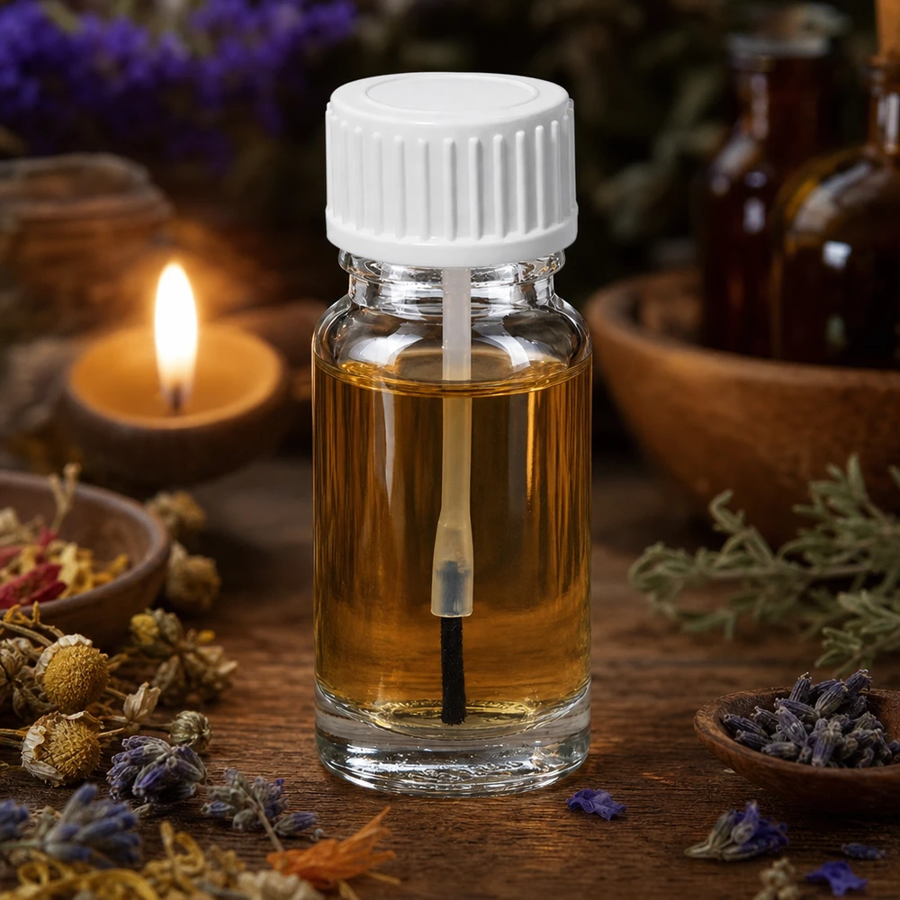 Pinselflasche Klarglas 10ml weißer Schraubdeckel neben Lavendel Heilkräutern und Bienenwachskerze