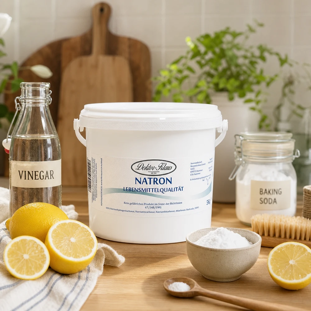 Natron 5kg Doktor-Klaus Doktor Klaus 5kg Natron Vorratspackung mit natürlichen Reinigungszutaten auf Arbeitsplatte