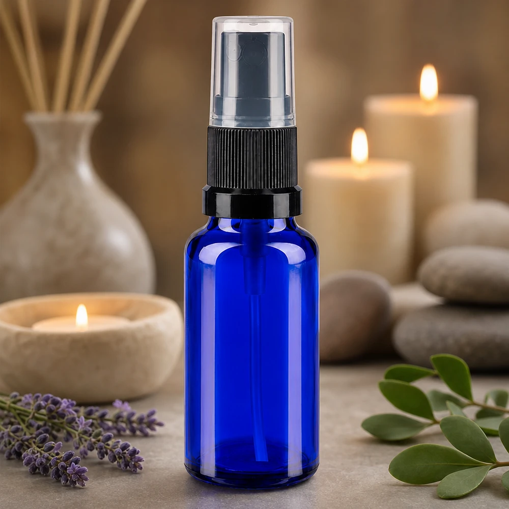 Nachfüllbare 20ml Sprühflasche aus blauem Schutzglas mit Feinstzerst für Kosmetikanwendungen