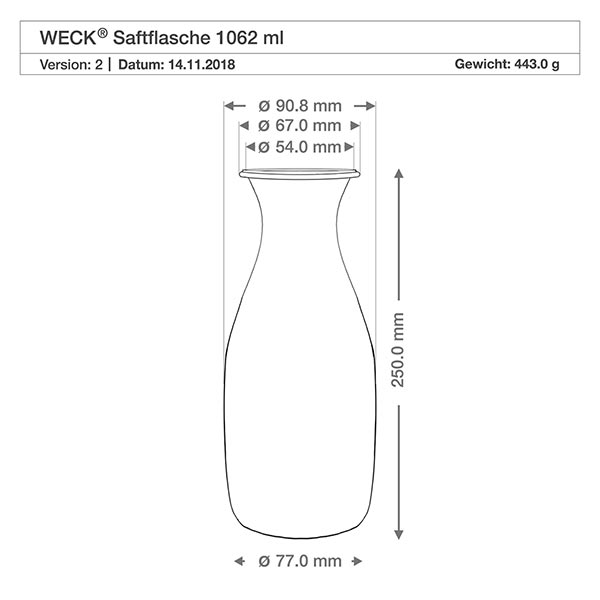 24er Set Weck Gläser 1062ml Saftflasche WECK Saftflasche 1062ml RR60 technische Zeichnung mit Maßangaben Durchmesser Höhe Gewicht Produktspezifikation