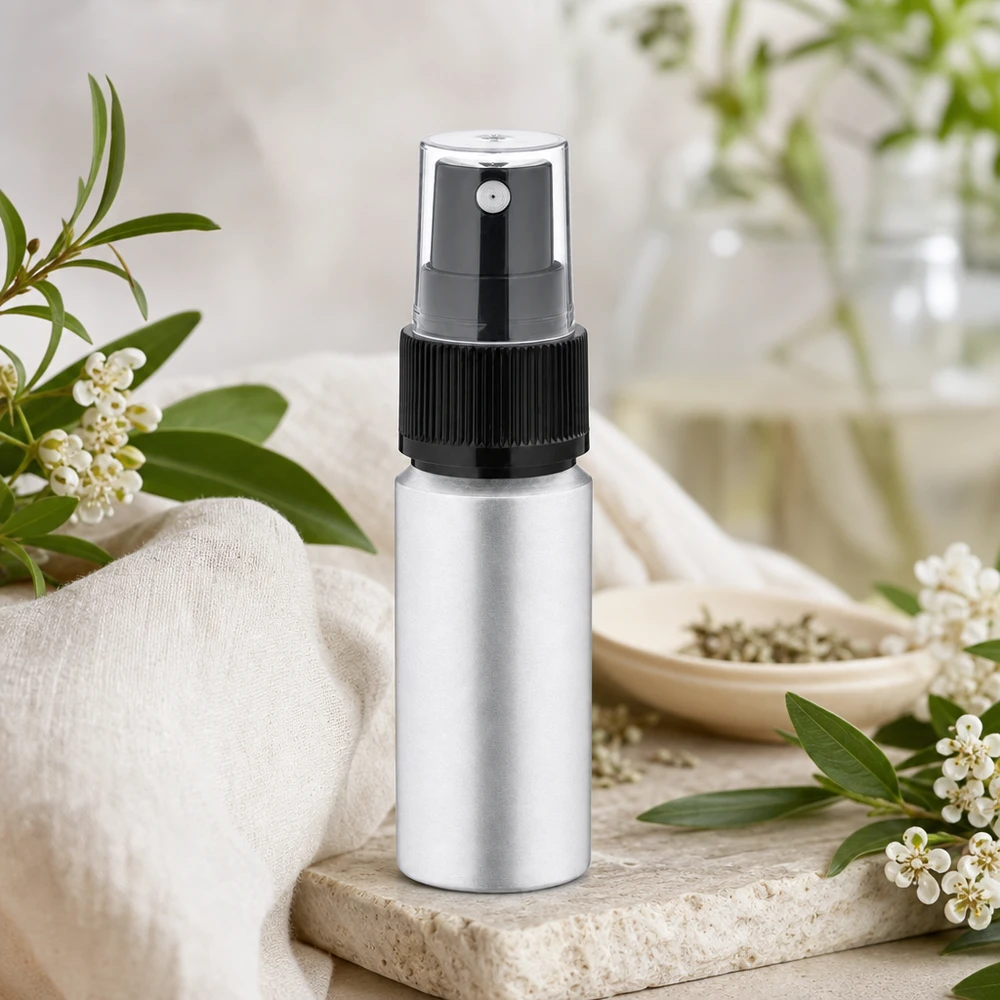 20ml Aluflasche mit Pumpsprüher in edler gebürsteter Optik für hochwertige Beauty-Produkte