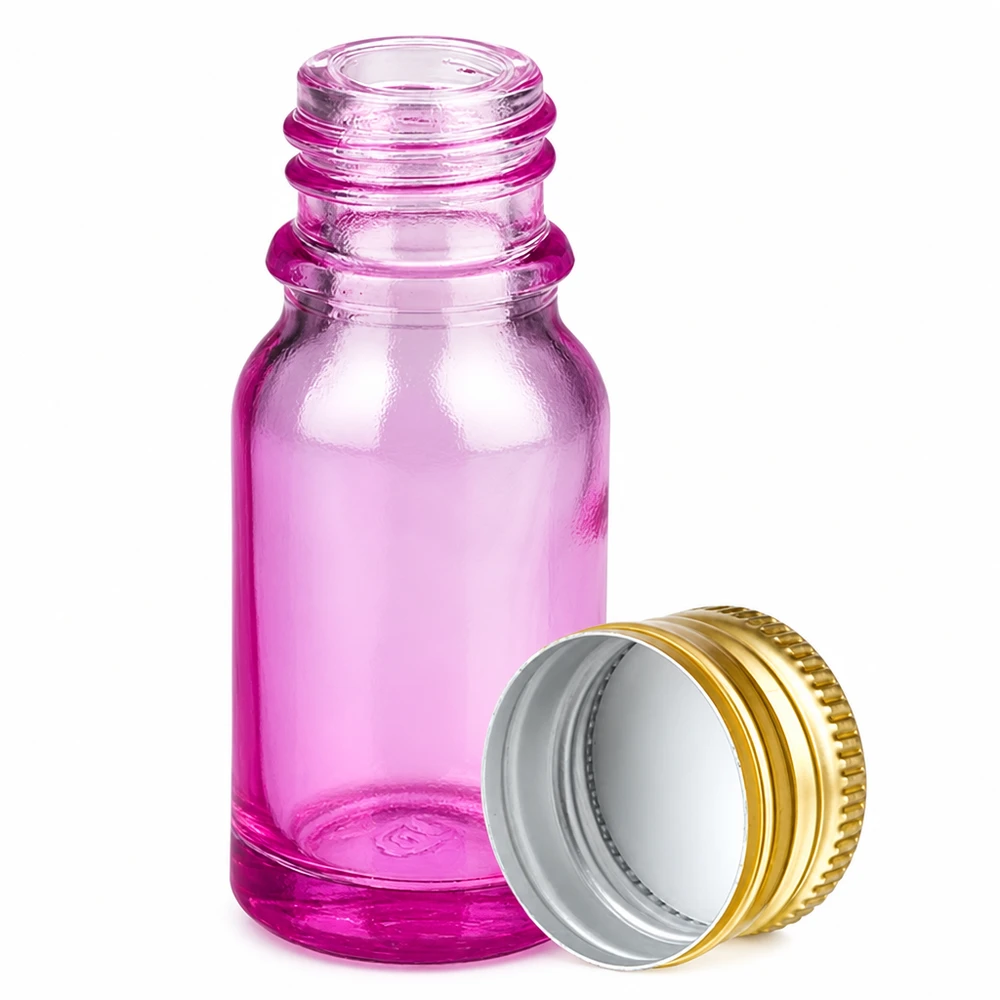 Premium 10ml Flasche in lila Glas mit goldfarbenem Metallverschluss für Labor und Kosmetikindustrie