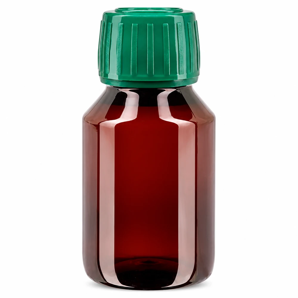 Lichtschutzflasche 50ml PET braun-transparent mit grünem Verschluss für Flüssigkeiten