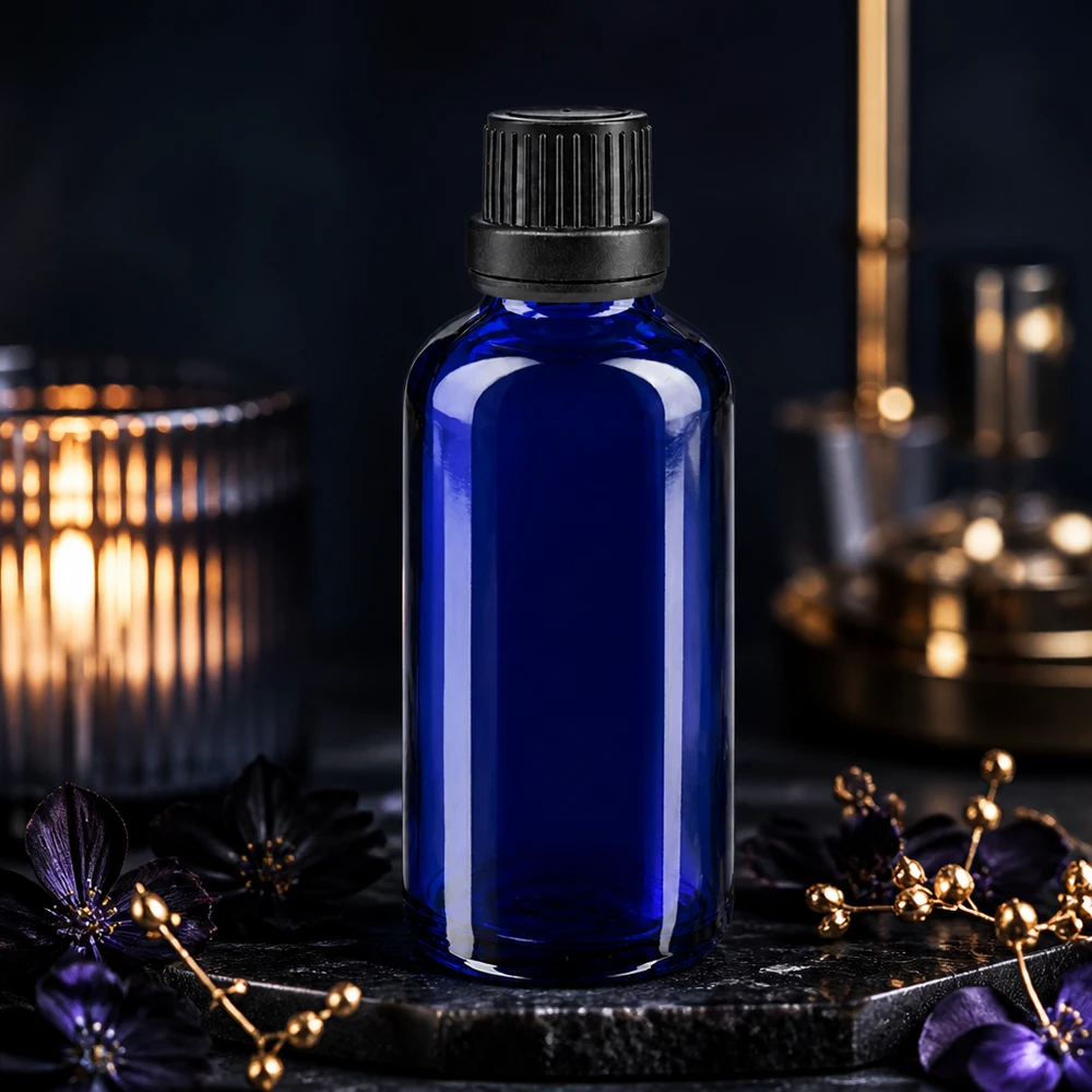 Apothekenflasche blau 50ml Tropfverschluss Giessring 2mm schwarz Originalitätsverschluss Kleine blaue 50ml Glasflasche mit Dosiertropfer und schwarzem Verschluss auf Schieferplatte mit Blüten