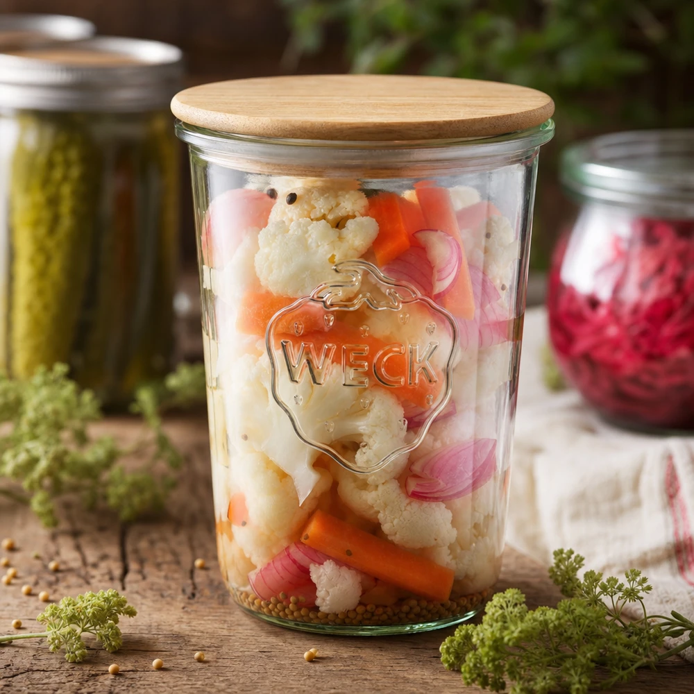 WECK Einmachglas 850ml RR100 mit eingelegtem Gemüse Cauliflower Karotten Zwiebeln fermentierte Lebensmittel Holzdeckel