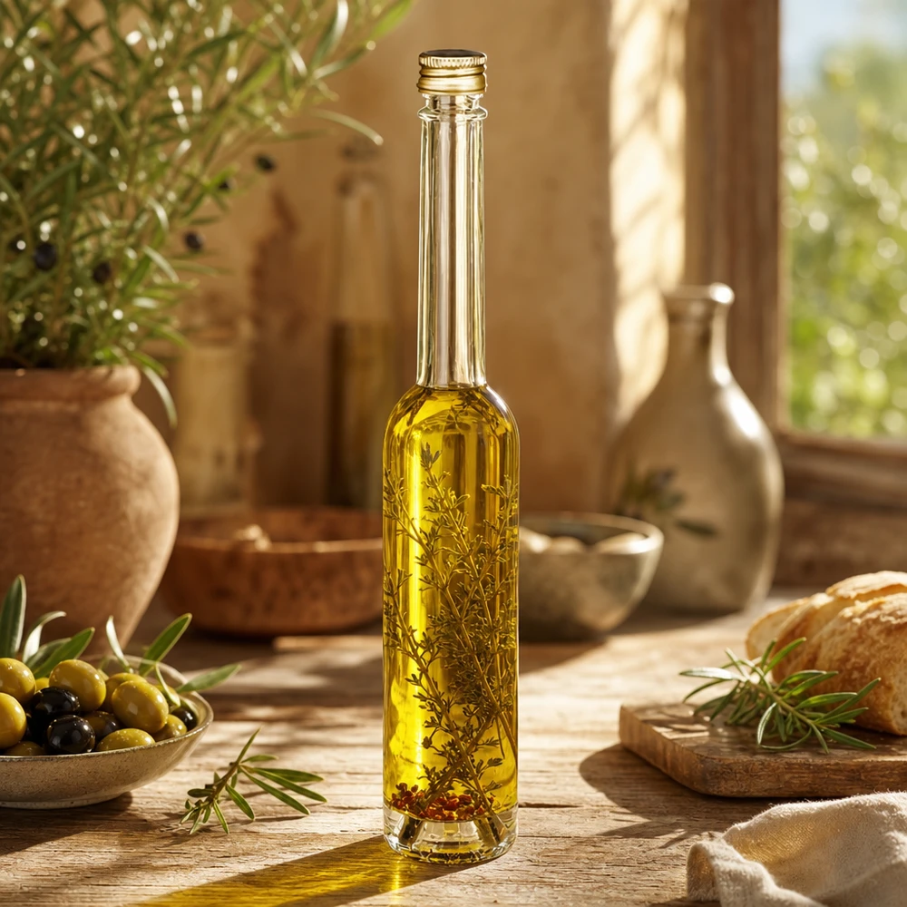 100ml Glasflasche "Toni" mit Schraubverschluss gold UNiTWIST 100ml Glasflasche Toni mit Olivenöl und Kräutern - UNiTWIST Goldverschluss in mediterraner Küche mit Oliven und Brot