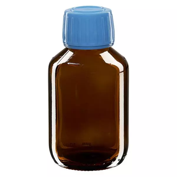 100ml Medizinflasche braun, Verschluss blau mit Originalitätsring ApoGlas 100ml Medizinflasche braun, Verschluss blau mit Originalitätsring ApoGlas
