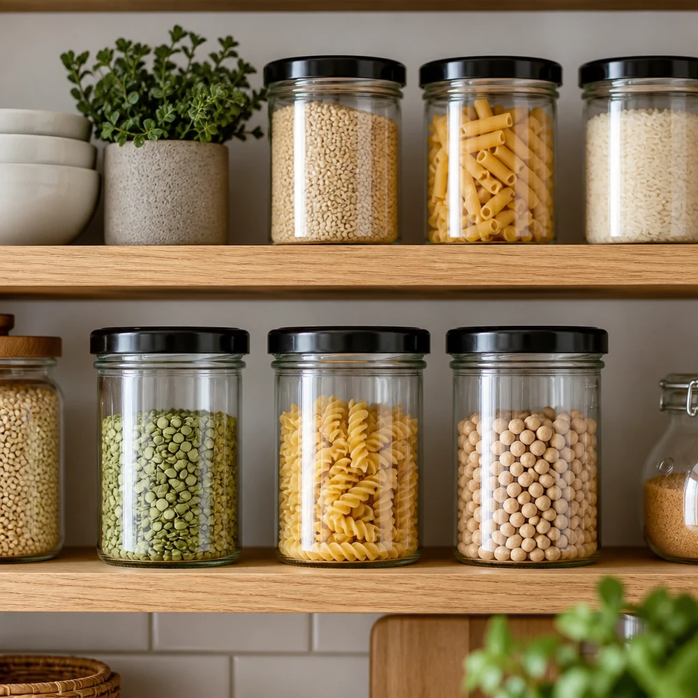 Kompakte 125ml UNiTWIST Sturzgläser schwarzer Deckel für Kichererbsen Fusilli und Linsen