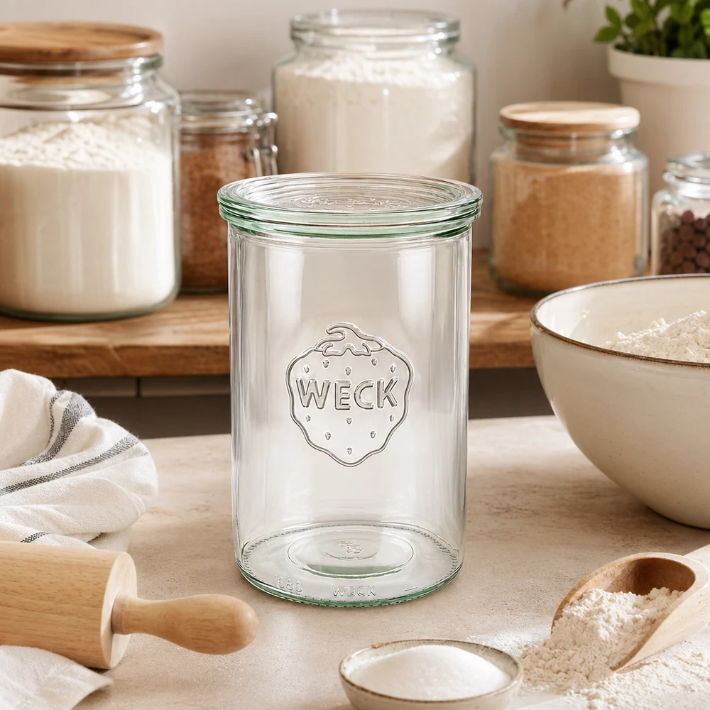 WECK Sturzglas 1000ml RR100 leer in heller Küche zwischen Vorratsdosen mit Mehl und Backutensilien zum Backen