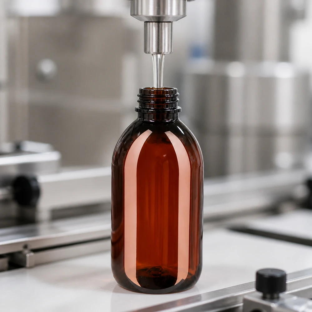 Maschinelle Befüllung einer ovalen 250ml PET Flasche mit UV-Schutz im Reinraum