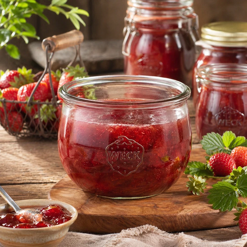 580ml Tulpenglas WECK RR100 WECK RR100 Tulpenglas 580ml mit Erdbeermarmelade gefüllt auf Holzbrett mit frischen Erdbeeren und Einmachgläsern